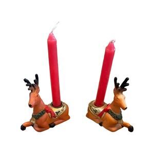 Vintage Pair Pacific Rim Christmas Reindeer Candle Holders ~ Hong Kong ~ 3” Tall